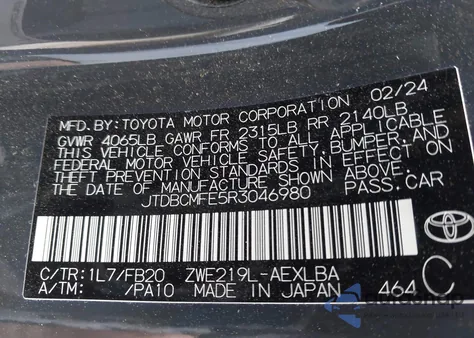 2024 Toyota Corolla Hybrid Le from USA, damaged, VIN JTDBCMFE5R3046980
